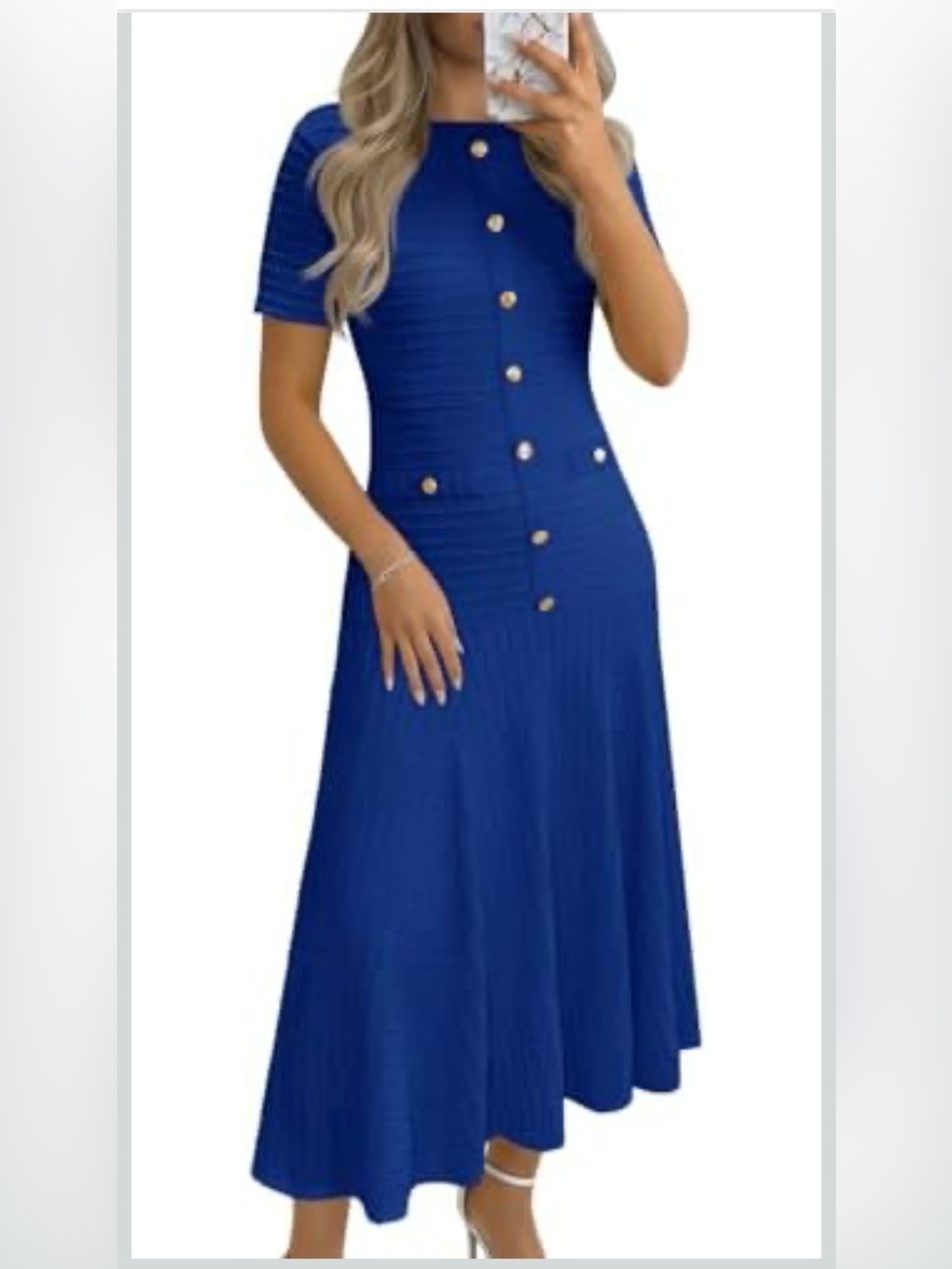 Wenrine Elegant Royal Blue Textured Button-Front Midi Dress Large